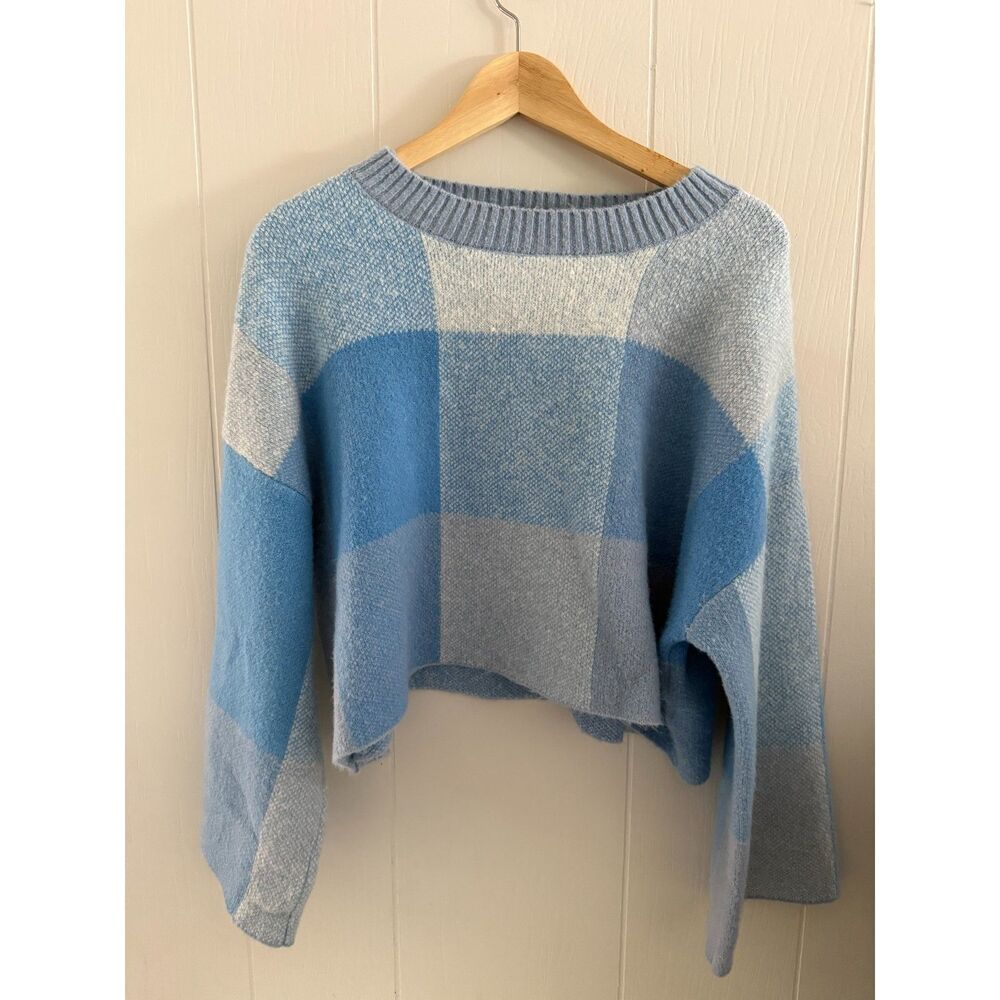 Jessica Simpson Sweater Womens Blue Cropped Check Soft Oversized Size Medium